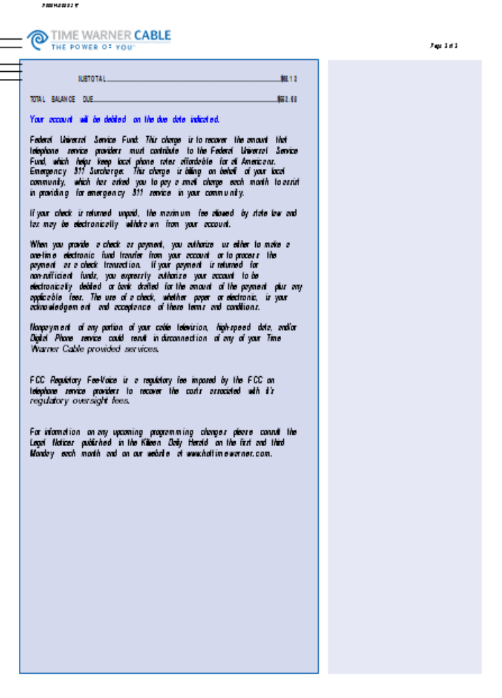 Download Time Warner Cabel utility business bill,  page 3, SCR Photoshop template